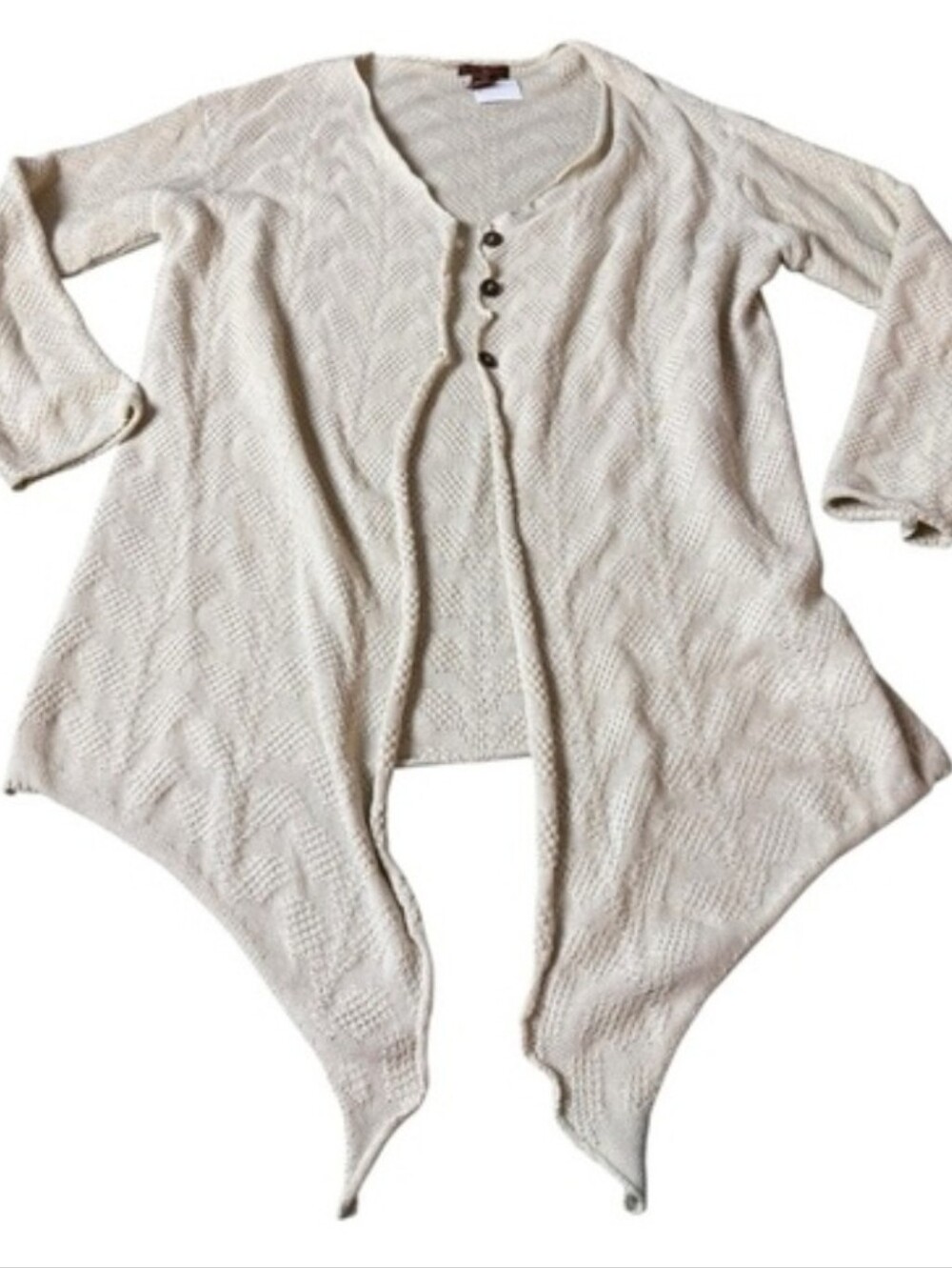April Cornell Cotton Knit Cardigan Large Cream Asymmetrical Hem Boho Sweater